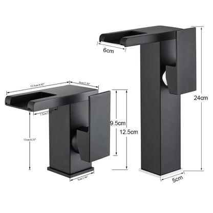 Matte black led waterfall bathroom faucet with chrome accents