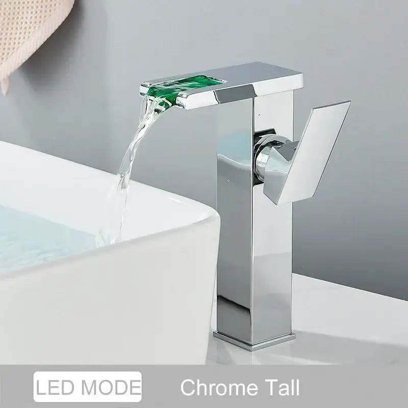 Matte black led waterfall bathroom faucet with chrome accents
