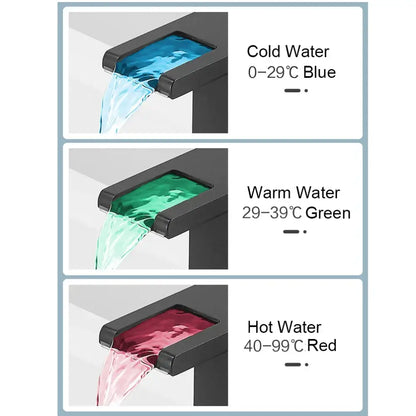 Matte black led waterfall bathroom faucet with chrome accents