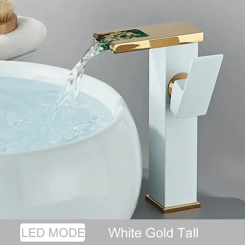 Matte black led waterfall bathroom faucet with chrome accents