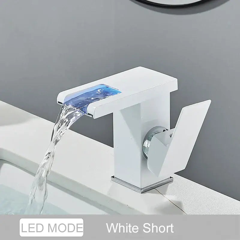 Matte black led waterfall bathroom faucet with chrome accents
