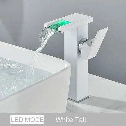 Matte black led waterfall bathroom faucet with chrome accents
