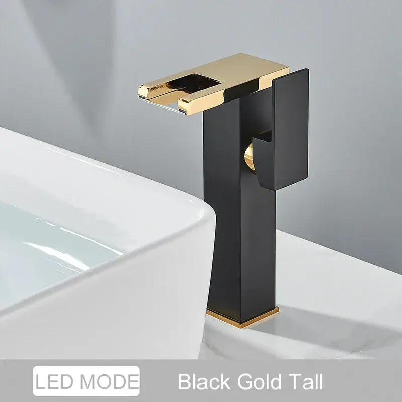 Matte black led waterfall bathroom faucet with chrome accents