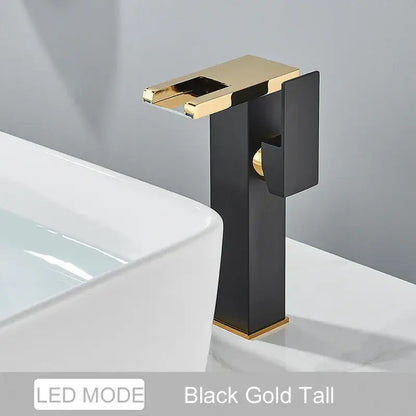 Matte black led waterfall bathroom faucet with chrome accents