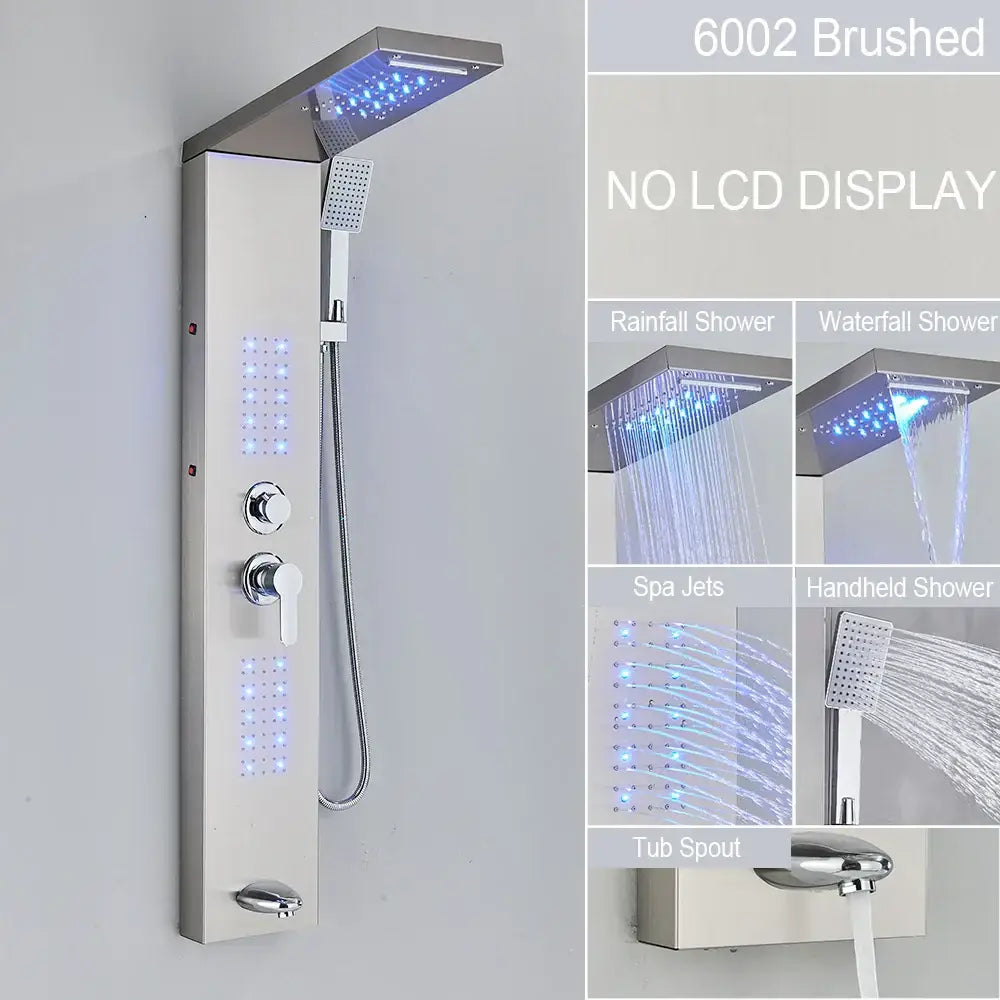 Modern black led waterfall rain shower panel with massage jets bathroom