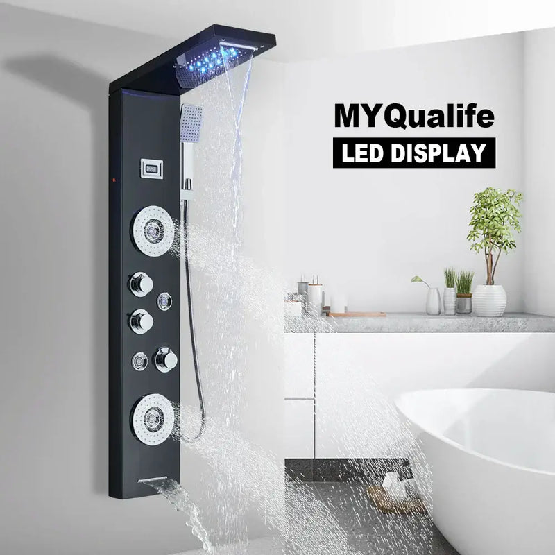 Modern black led waterfall rain shower panel with massage jets bathroom