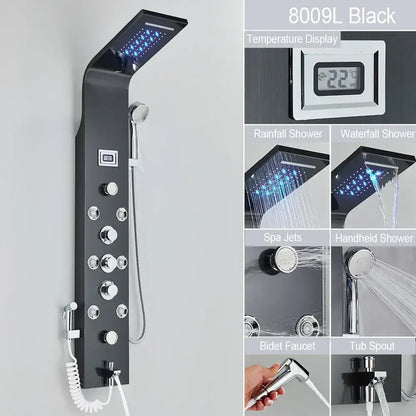 Modern black led waterfall rain shower panel with massage jets bathroom