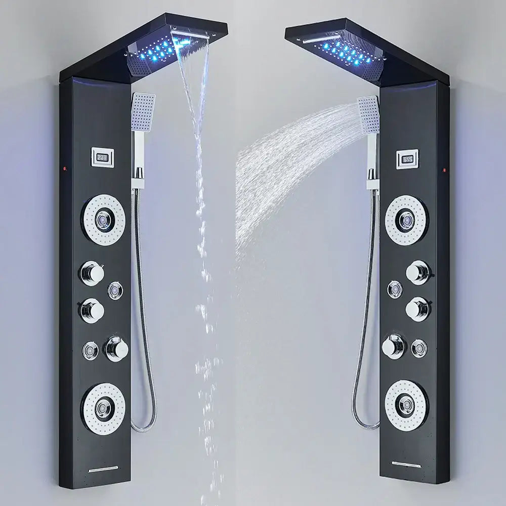 Modern black led waterfall rain shower panel with massage jets bathroom