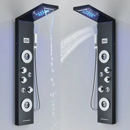 Modern black led waterfall rain shower panel with massage jets bathroom