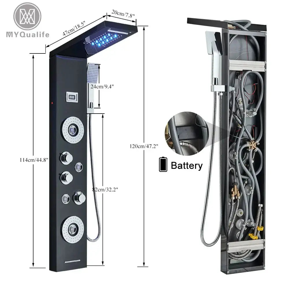 Modern black led waterfall rain shower panel with massage jets bathroom