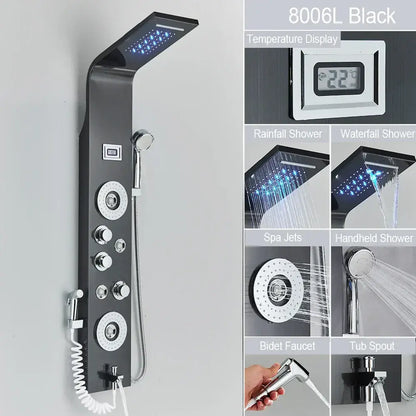 Modern black led waterfall rain shower panel with massage jets bathroom