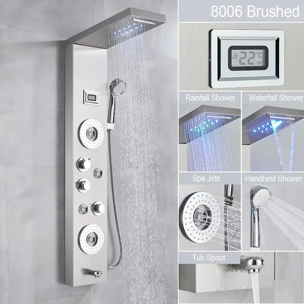 Modern black led waterfall rain shower panel with massage jets bathroom