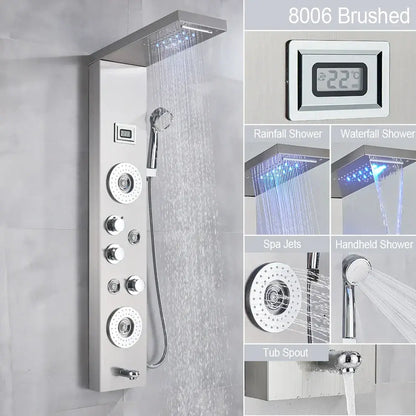 Modern black led waterfall rain shower panel with massage jets bathroom