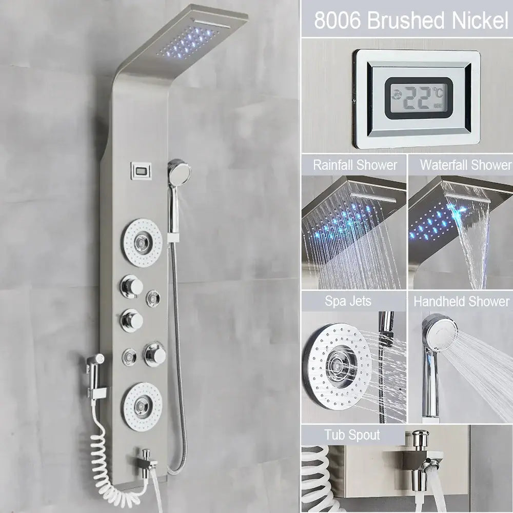 Modern black led waterfall rain shower panel with massage jets bathroom
