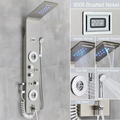 Modern black led waterfall rain shower panel with massage jets bathroom