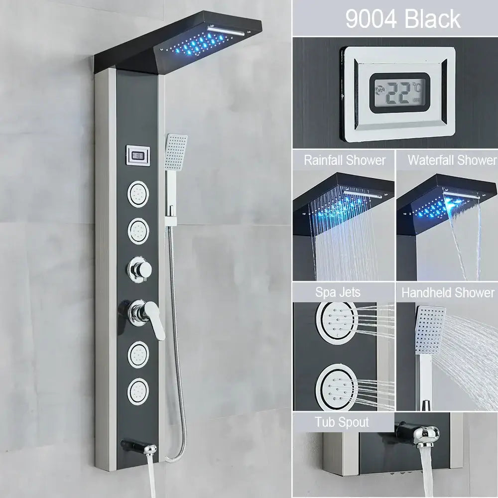 Modern black led waterfall rain shower panel with massage jets bathroom
