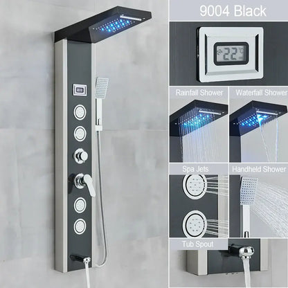 Modern black led waterfall rain shower panel with massage jets bathroom