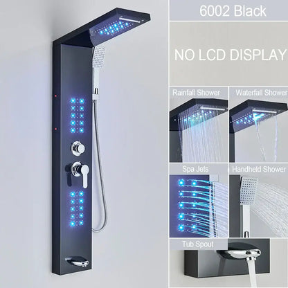 Modern black led waterfall rain shower panel with massage jets bathroom