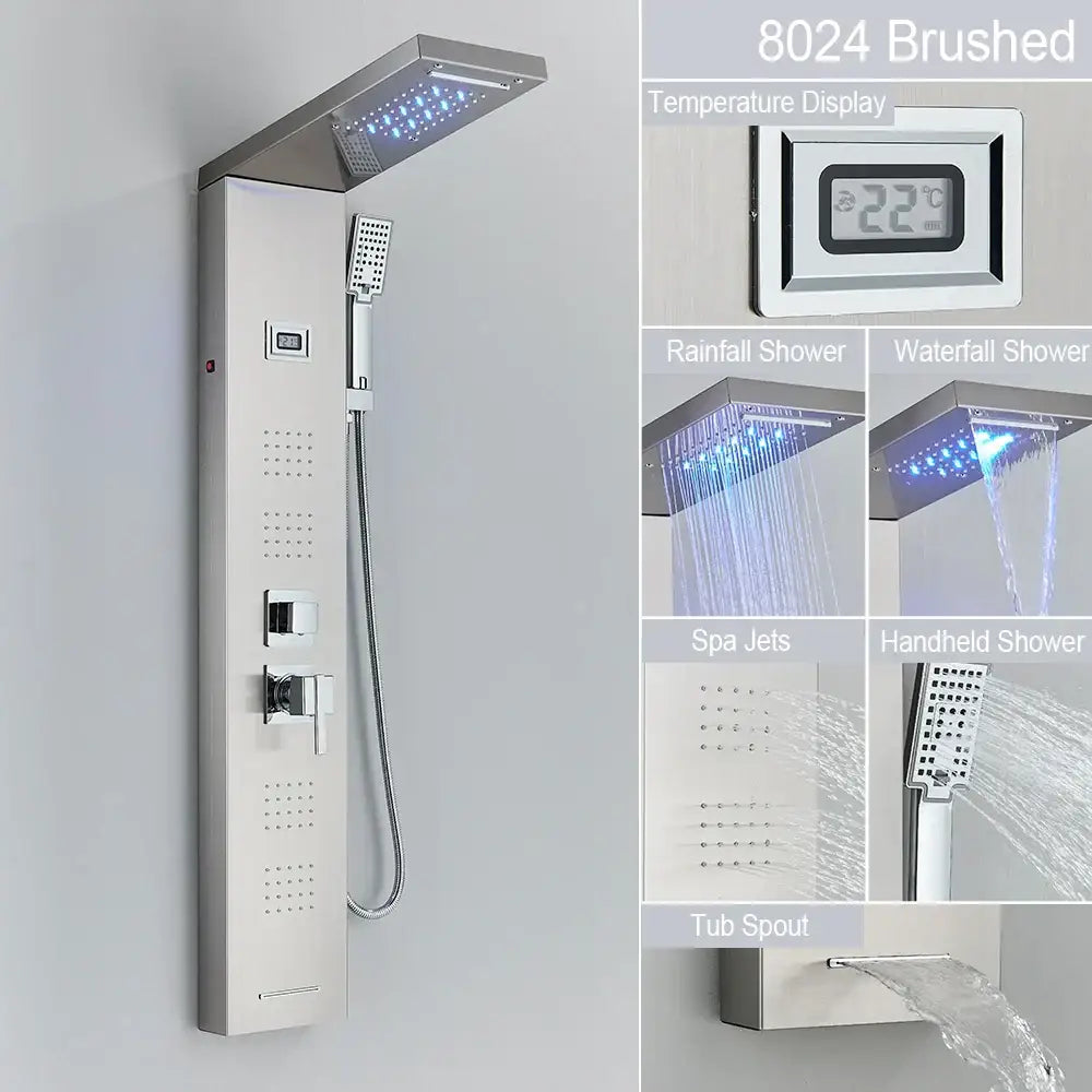 Modern black led waterfall rain shower panel with massage jets bathroom