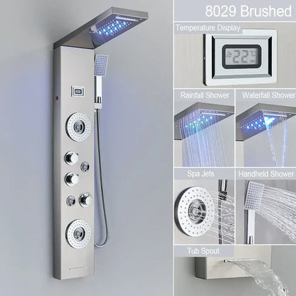 Modern black led waterfall rain shower panel with massage jets bathroom