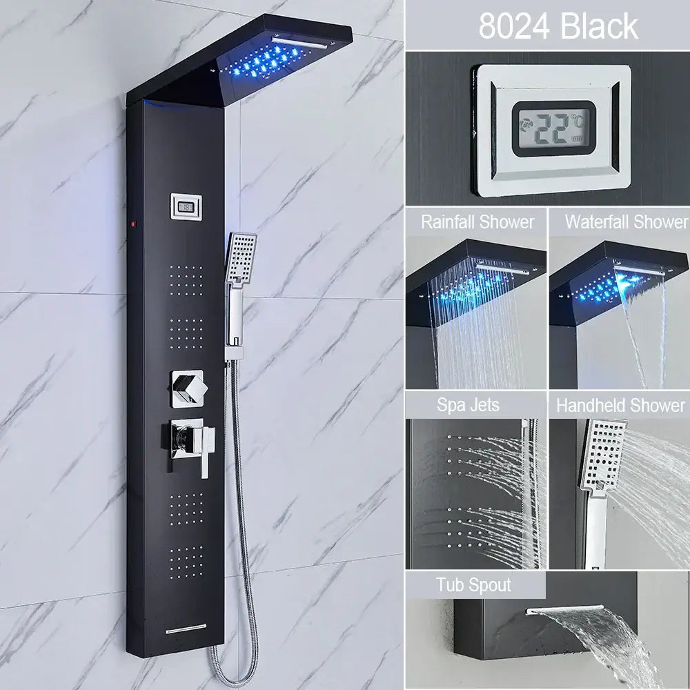 Modern black led waterfall rain shower panel with massage jets bathroom