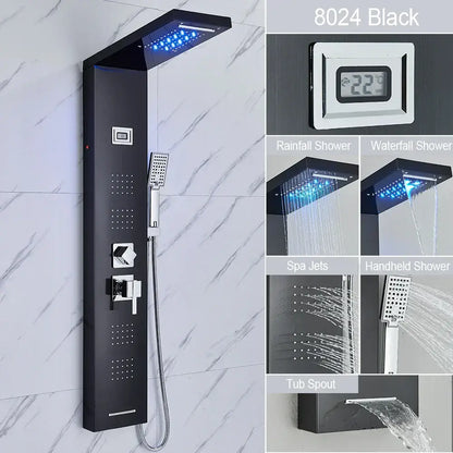 Modern black led waterfall rain shower panel with massage jets bathroom