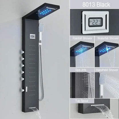 Modern black led waterfall rain shower panel with massage jets bathroom