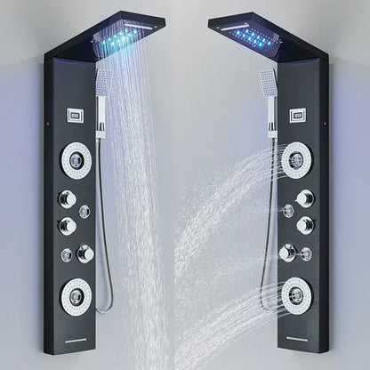 Modern black led waterfall rain shower panel with massage jets bathroom
