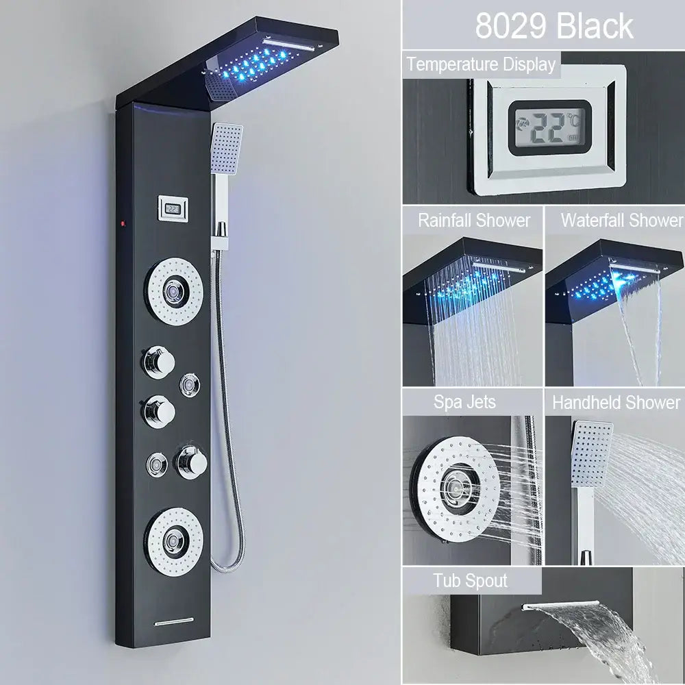 Modern black led waterfall rain shower panel with massage jets bathroom