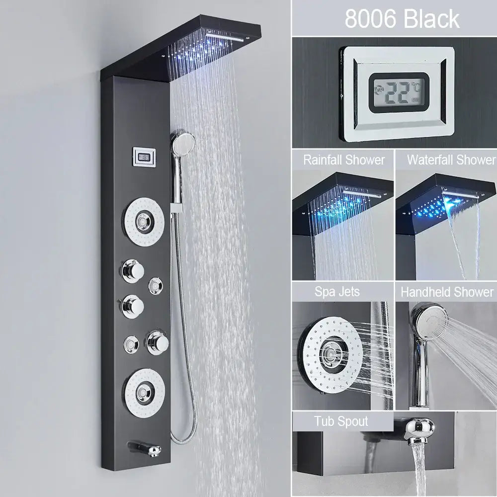 Modern black led waterfall rain shower panel with massage jets bathroom