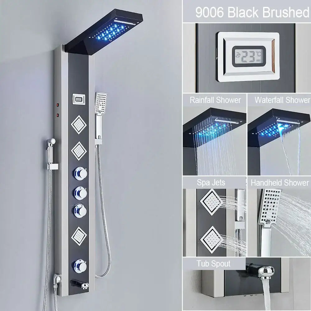 Modern black led waterfall rain shower panel with massage jets bathroom