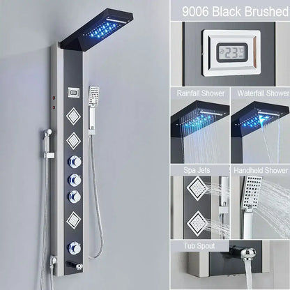 Modern black led waterfall rain shower panel with massage jets bathroom