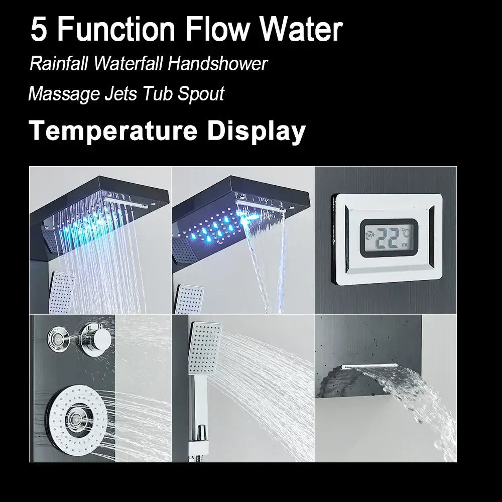 Modern black led waterfall rain shower panel with massage jets bathroom