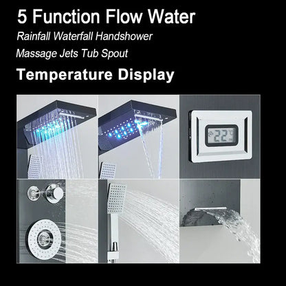 Modern black led waterfall rain shower panel with massage jets bathroom