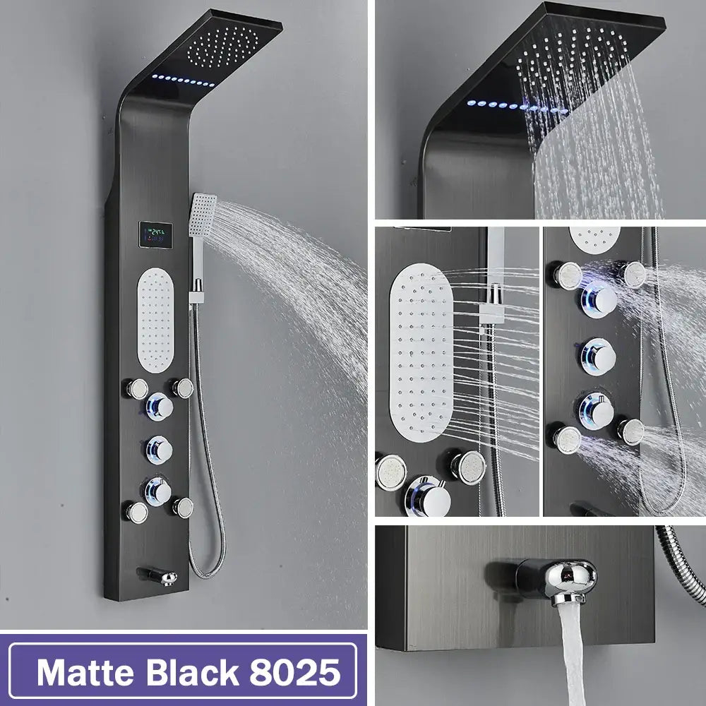 Modern black led waterfall shower panel bathroom system with bidet tap