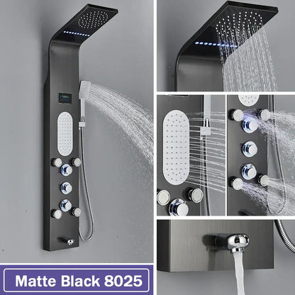 Modern black led waterfall shower panel bathroom system with bidet tap