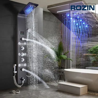 Modern black led waterfall shower panel bathroom system with bidet tap