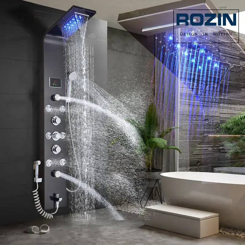 Modern black led waterfall shower panel bathroom system with bidet tap
