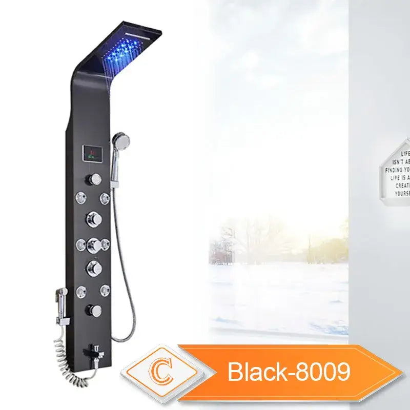Modern black led waterfall shower panel bathroom system with bidet tap