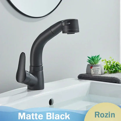 Matte black and chrome lift basin faucet with sprayer for kitchen