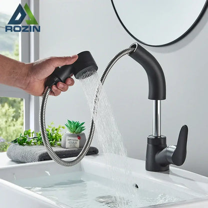 Matte black and chrome lift basin faucet with sprayer for kitchen