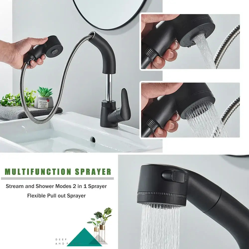 Matte black and chrome lift basin faucet with sprayer for kitchen