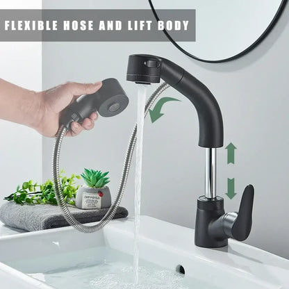 Matte black and chrome lift basin faucet with sprayer for kitchen