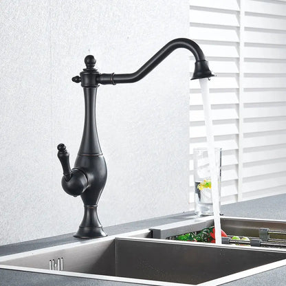 Matte black long neck kitchen faucet with rotating spout