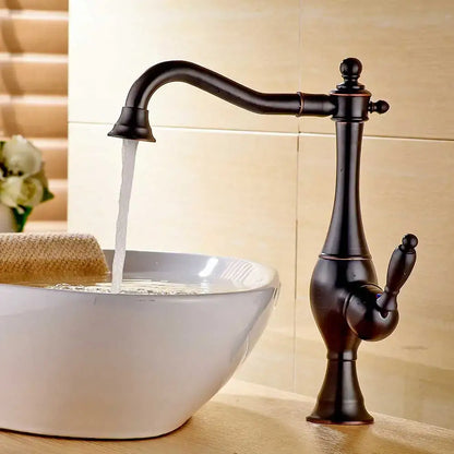 Matte black long neck kitchen faucet with rotating spout