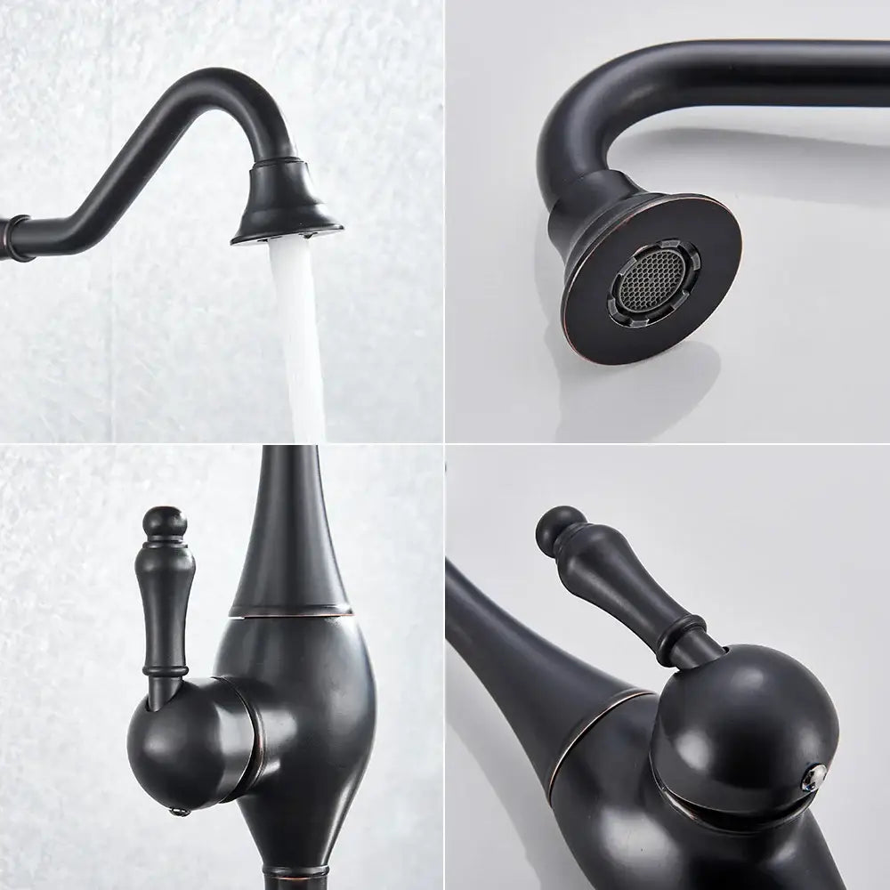 Matte black long neck kitchen faucet with rotating spout