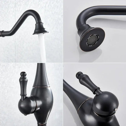 Matte black long neck kitchen faucet with rotating spout