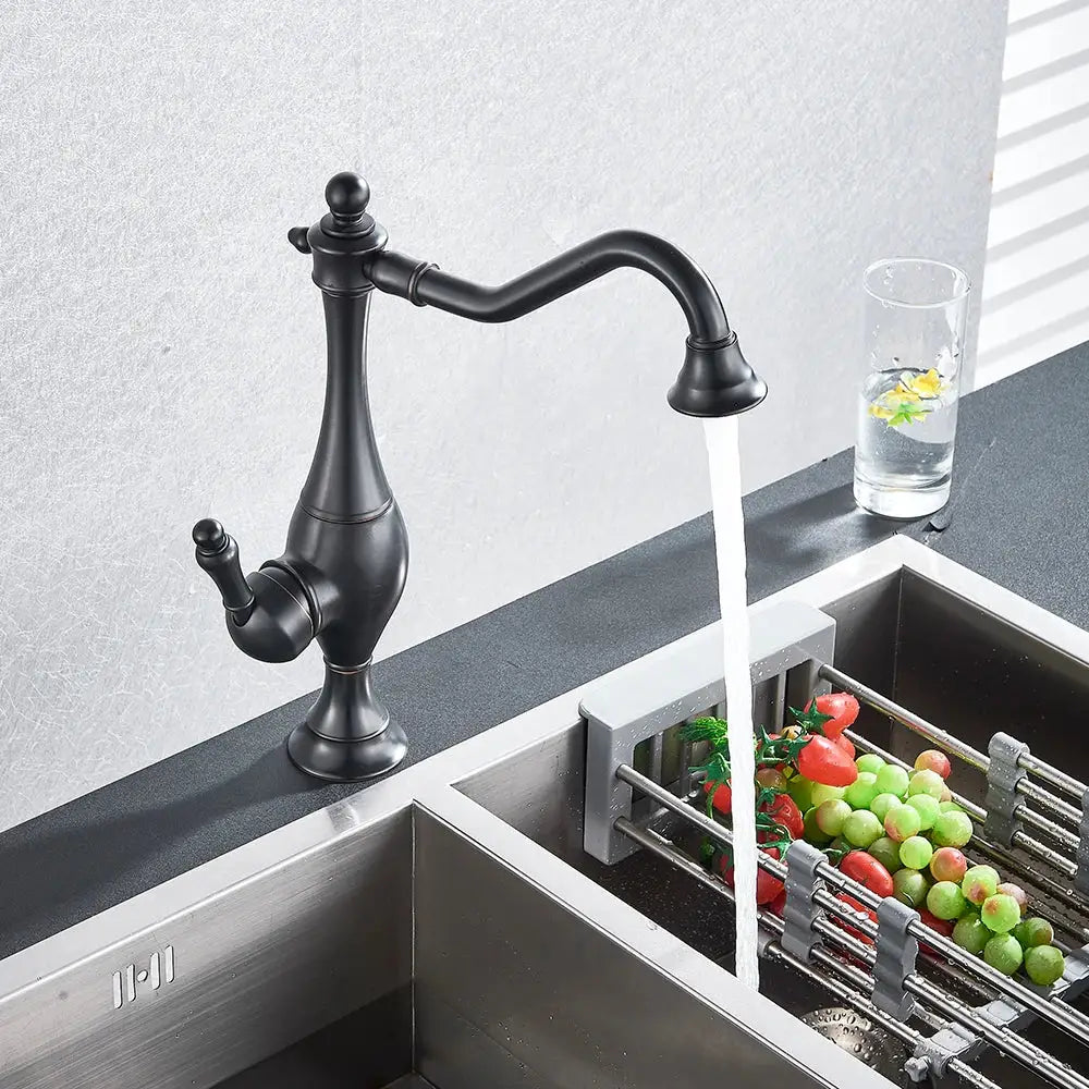 Matte black long neck kitchen faucet with rotating spout