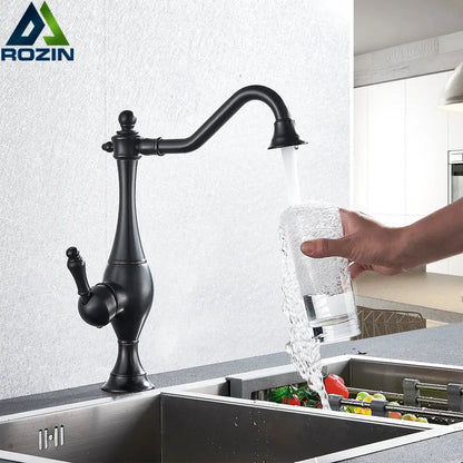 Matte black long neck kitchen faucet with rotating spout