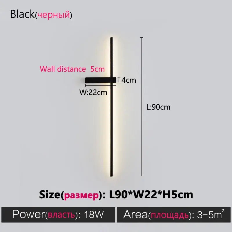Modern minimalist black long strip wall lamp for bedroom integrated led